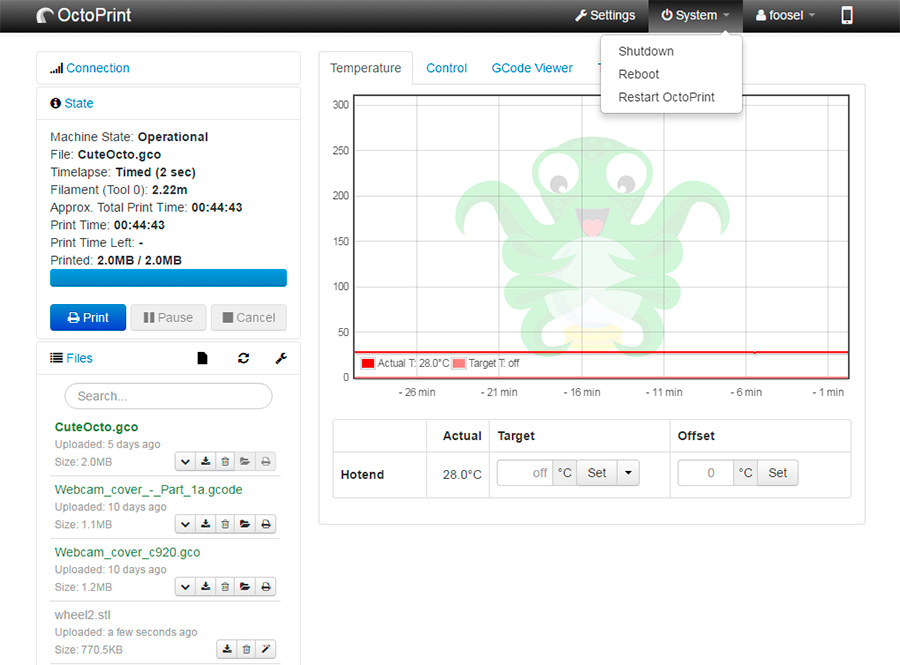 Фото: system menu OctoPrint